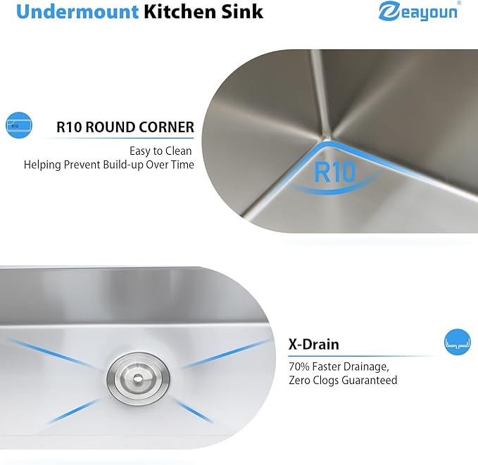 36 Inch Undermount Kitchen Sink Workstation 16 Gauge Stainless Steel Handmade Sink Round Corners Single Bowl Large Deep Under Counter Kitchen Sinks Basin, 36"x19"x9"