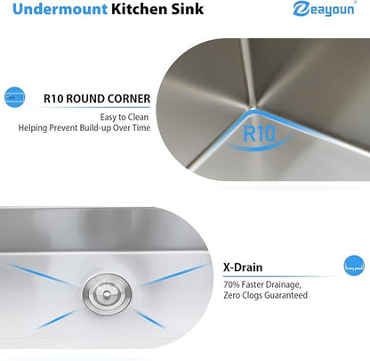 36 Inch Undermount Kitchen Sink Workstation 16 Gauge Stainless Steel Handmade Sink Round Corners Single Bowl Large Deep Under Counter Kitchen Sinks Basin, 36"x19"x9"