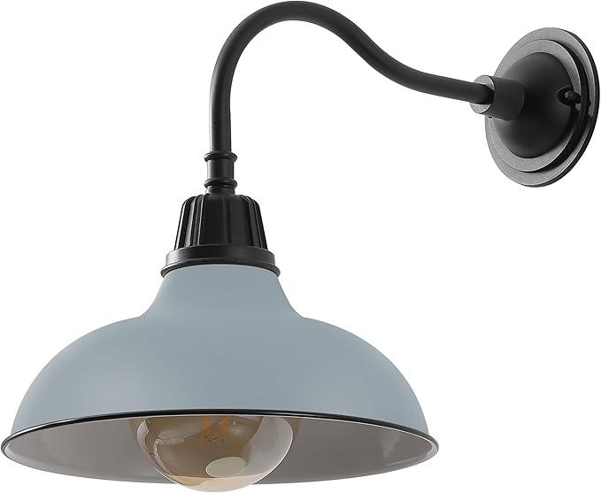 JONATHAN Y 12.25" Matte Silver Blue/Black Farmhouse Industrial Outdoor Sconce, LED Gooseneck Wall Light for Porch, Metal Bowl Shade, Dimmable Vintage Exterior Fixture, LED Bulb Included (JYL7613N)