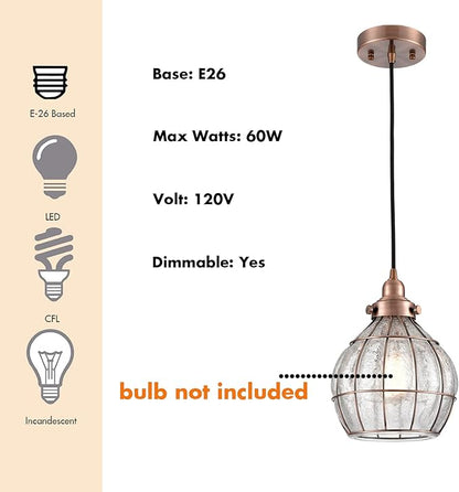 YUBOLE Glass Pendant Light Red Antique Copper Dimmable Kitchen Hanging Light Fixture Cracked Glass Shade Lighting for Dining Table Foyer Bedroom