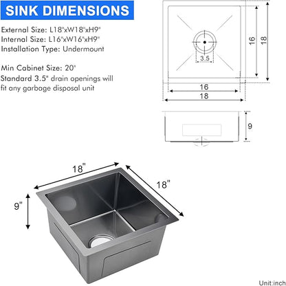 MENATT 18-inch Undermount Kitchen Sink Black, 18 Gauge Stainless Steel Single Bowl Undermount Small Bar Sink Kitchen Sinks,D18" x W18" x H9"