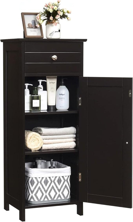 Modern Bathroom Floor Cabinet, Freestanding Side Storage Cabinet, 1 Large Drawer and 3 Adjustable Shelves, Brown