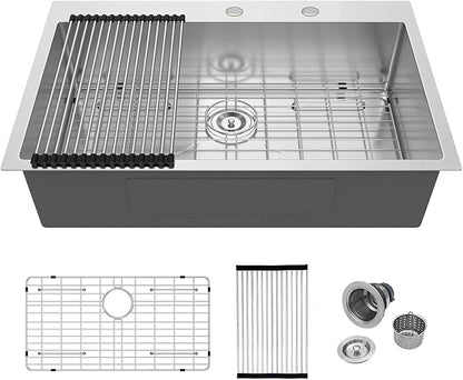 33 Inch Drop In Kitchen Sink - Mocoloo 33 x 19 Inch Stainless Steel Kitchen Sinks Topmount 16 Gauge Single Bowl Above Counter Handmade, 33''x19''x10'' Kitchen Sink Drop In with Offset Drainer