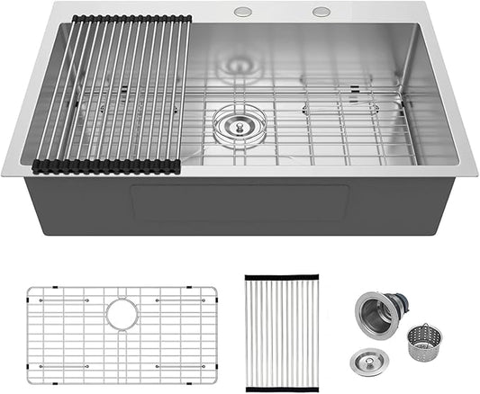 33 Inch Drop In Kitchen Sink - Mocoloo 33 x 19 Inch Stainless Steel Kitchen Sinks Topmount 16 Gauge Single Bowl Above Counter Handmade, 33''x19''x10'' Kitchen Sink Drop In with Offset Drainer