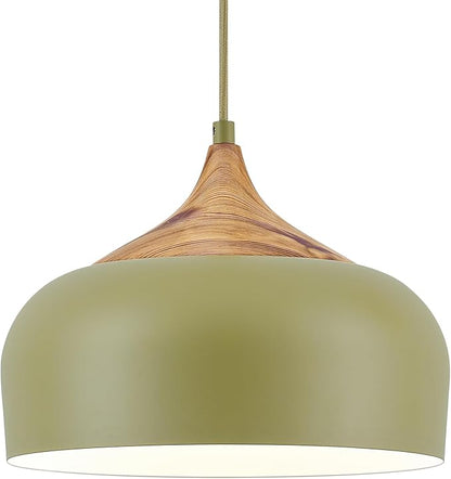 ELYONA Vintage Pendant Light Fixtures with Faux Pine Wood Grain, 12 Inch Adjustable Hanging Light Moss Green Metal Shade, Mid Century Modern Nordic Pendant Lamp for Kitchen Island Dining Room Bedroom
