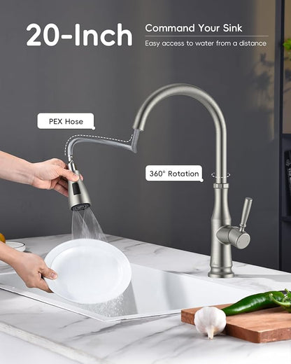 APPASO Kitchen Faucets with Pull Down Sprayer 3-Mode, 360° Swivel, 20-Inch Hose, Single Handle High Arc SUS 304 Stainless Steel Brushed Nickel Faucet with Deck Plate for 1-3 Hole Sink
