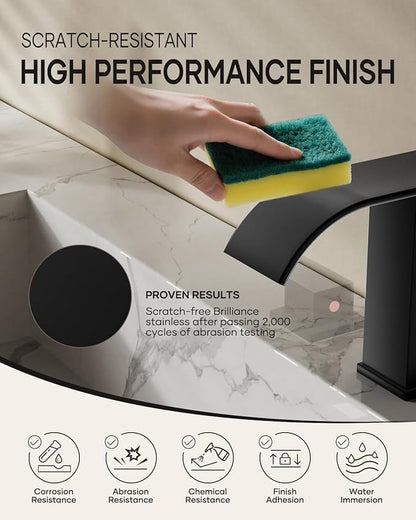 AVSIILE Matte Black Waterfall Bathroom Faucet 3 Hole, 8 Inch Widespread Modern 3 Piece Bathroom Sink Faucet, Touch On Lavatory Faucet for Vanity RV Restroom, Curved Spout
