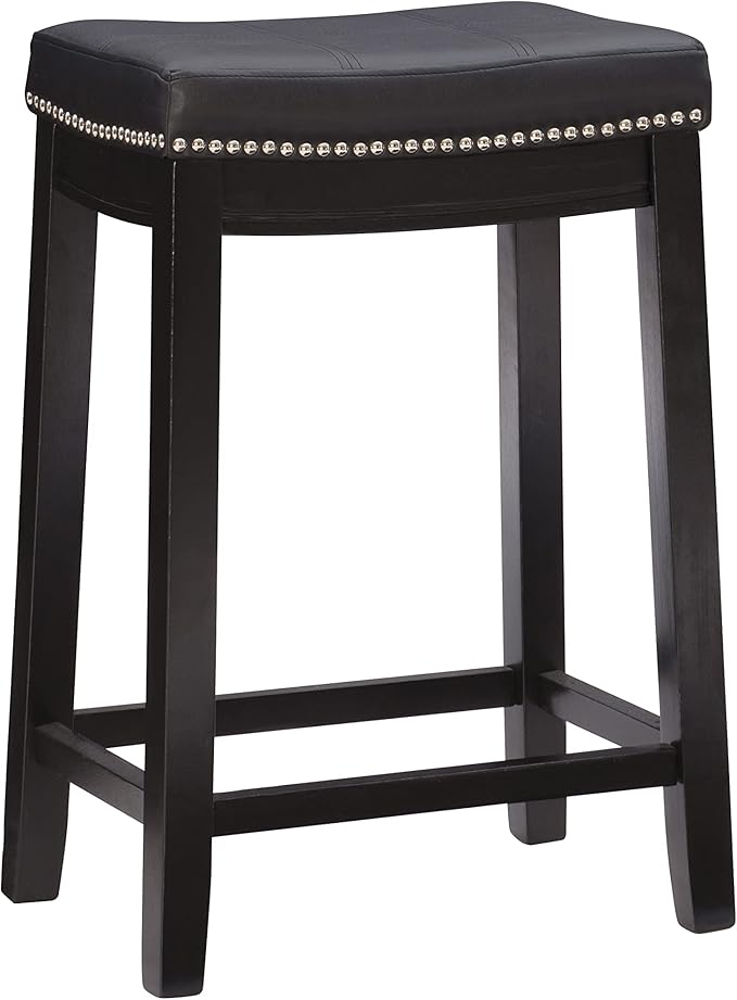 Linon Kingston Black Wooden Backless 26.5 Inch Seat Height Counter Stool with Black Faux Leather Upholstered Seat and Nailheads, Set of 2