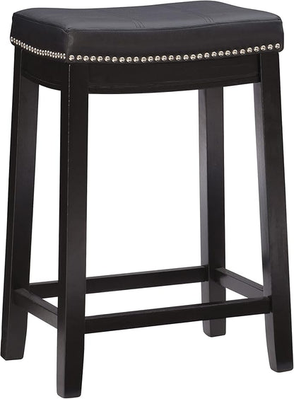 Linon Kingston Black Wooden Backless 26.5 Inch Seat Height Counter Stool with Black Faux Leather Upholstered Seat and Nailheads, Set of 2