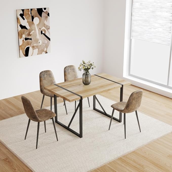 Dining Table with Rustic Industrial Design and Sturdy Metal Frame for Kitchen or Living Room Use