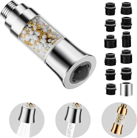 Metal Kitchen Faucet Head Replacement with Filter - Pull Down Spray Head Water Filter for Sink - 2 Modes Sink Sprayer Replacement with 12 Nozzle Adapters - Anti-clogging Design