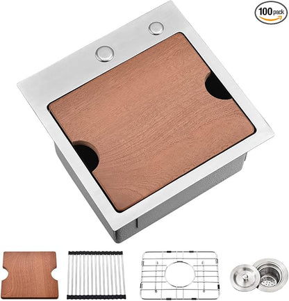 15 Inch Bar Sink Drop In Workstation-VASOYO 15x15 Small Kitchen Sink Drop In Topmount 16 Gauge Stainless Steel Bar Prep Sinks Outdoor Rv Kitchen Sinks Single Bowl Island Basin with Cutting Board