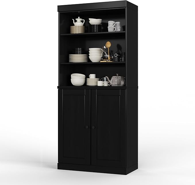 Palace Imports 100% Solid Wood Kitchen Pantry w/ 2 Wood Doors, Black, 32" w x 71.5" h, Renewable Eco-Friendly Pine, Made in Brazil