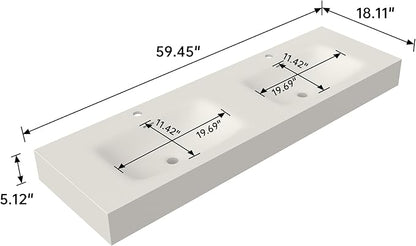 Wall Mount Double Bathroom Sink 59"L x 18"W x 5"H, Resin Stone Floating Sink with Facuet Holes, Rectangle Countertop Freestanding Vessel Sinks (Double Holes 59'')