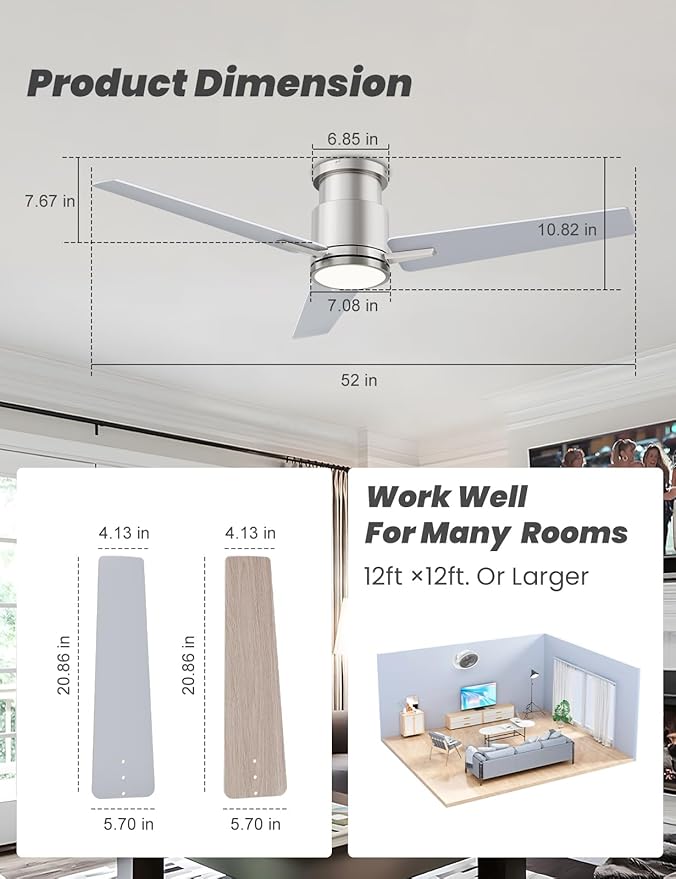 CJOY Ceiling Fan with Lights, 52 Inch Low Profile Ceiling Fans with Light and Remote, Reversible DC, Flush Mount, 3CCT，Dimmable, Modern Indoor/Outdoor Design for Bedroom, Living Room, Patio, Kitchen