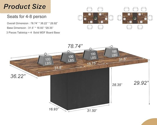 HSH 78” Dinner Table for 6 to 8, Large Wood Rectangular Dining Table, Rustic Kitchen Table only with Black Strong Base, Industrial Dining Room Table for Home Gathering Office, Rustic Brown, 78.74 in