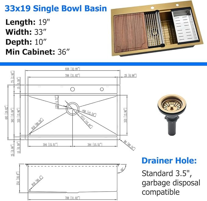 Gold Kitchen Sink Drop In, 33x19 Drop In Kitchen Sink Brushed Gold Stainless Steel Ledge Workstation Single Bowl 16 Gauge Handmade Deep Basin