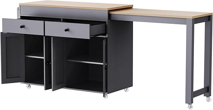74.5 Inch Kitchen Island with Extendable Dining Table, Rolling on Wheels, Spice Rack, 2 Drawers, 4 Door Cabinet(Gray)