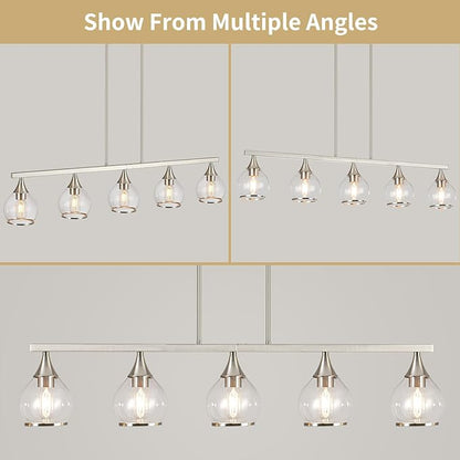 Island Light for Kitchen, 5-Light Brushed Nickel Kitchen Island Linear Hanging Pendant Chandeliers, Brushed Nickel Dining Room Light Fixture Over Table with Clear Round Glass Shades