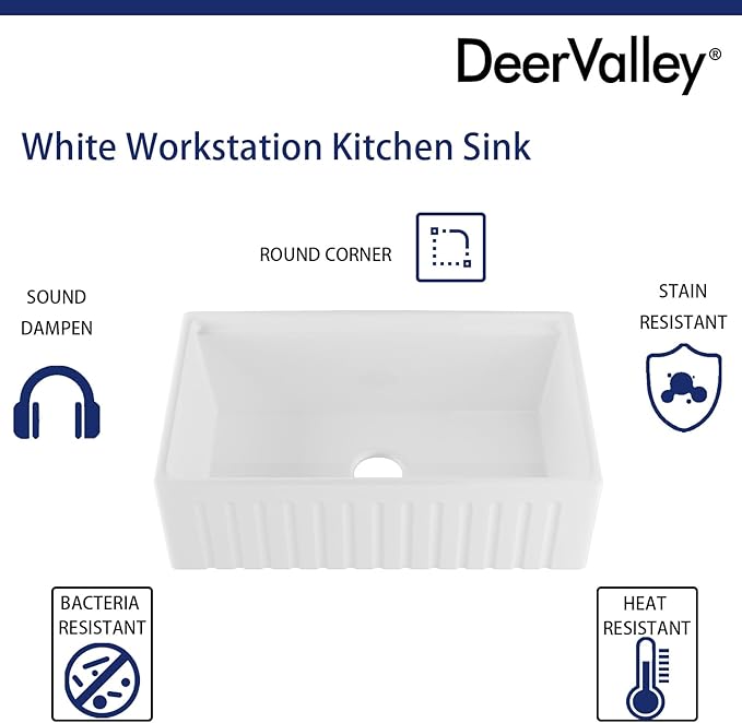 DeerValley Ceramic Farmhouse Workstation Sinks 33 inch, White Farmhouse Kitchen Sink, Reversible Apron Front Kitchen Sink Single Bowl with Grid, Sink Strainer & Workstation Accessories