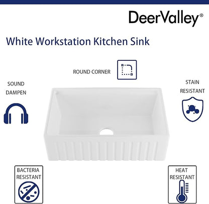 DeerValley Ceramic Farmhouse Workstation Sinks 33 inch, White Farmhouse Kitchen Sink, Reversible Apron Front Kitchen Sink Single Bowl with Grid, Sink Strainer & Workstation Accessories