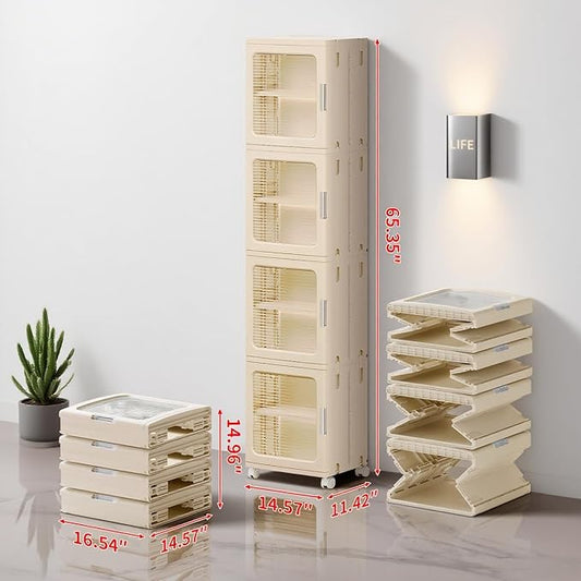 4-Tier Tall Narrow Bathroom Storage Cabinet with Magnetic Doors, Adjustable Shelves, Plastic Slim Bathroom Organizers and Storage Small Spaces Pantry Kitchen Laundry Room Quick Assembly