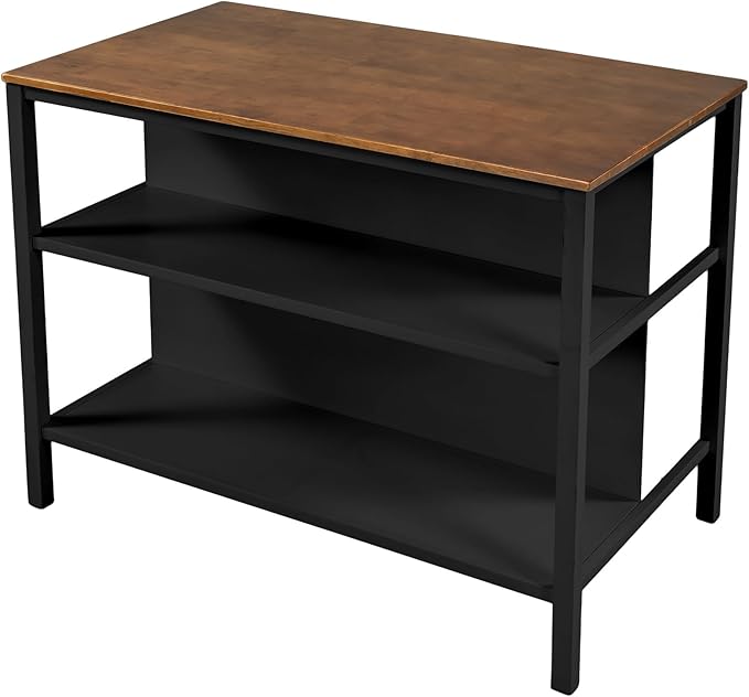 45" Vintage Wood Kitchen Island Cart, Dining Table Prep Table with 2 Open Shelves Butcher Block Island Table for Small Places, Dining Room, Living Room & Bedroom, Walnut+Black
