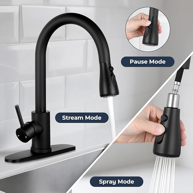 FGKQ Matte Black Kitchen Faucet with Pull Down Sprayer, Kitchen Sink Faucet with Sprayer and Deck, Commercial Faucet for Kitchen Sink, Single Handle, Suitable for RV/Bar Sink