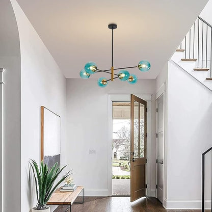BOKT Modern 6-Lights Blue Glass Ball Sputnik Chandelier Mid-Century Black Gold Flush Mount Chandelier Vintage Large Globe Sputnik Chandelier Kitchen Island Pendant Light