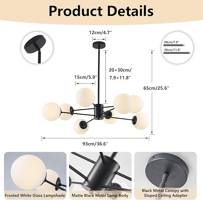 BOKT Modern 8-Lights Globe Sputnik Chandelier Mid Century Matte Black Chandelier Ceiling Mount Light Fixture with Milky White Glass Glass Lampshade for Dining Room Living Room