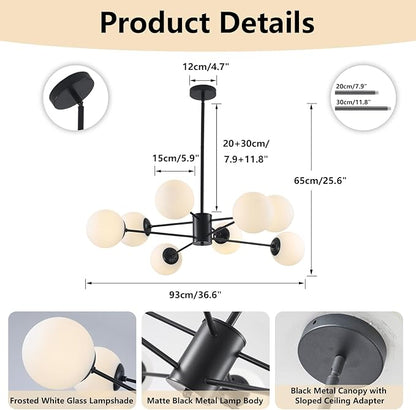BOKT Modern 8-Lights Globe Sputnik Chandelier Mid Century Matte Black Chandelier Ceiling Mount Light Fixture with Milky White Glass Glass Lampshade for Dining Room Living Room