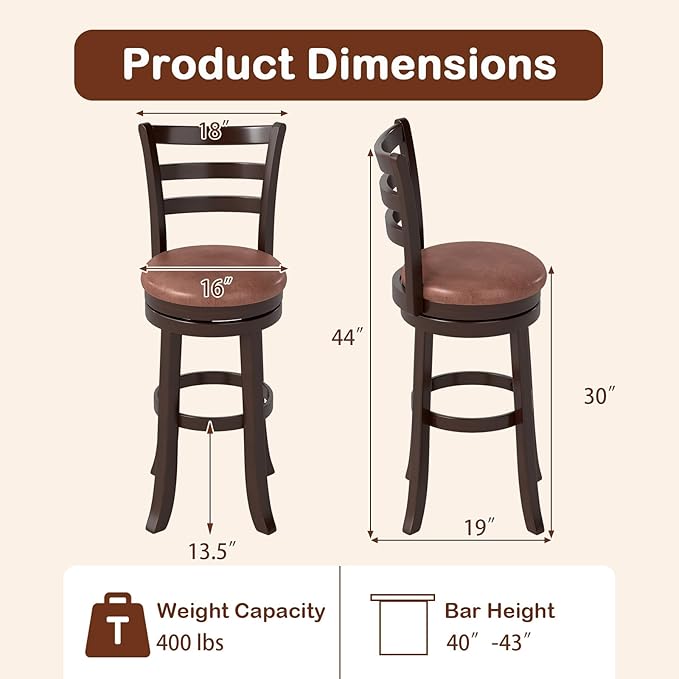 Giantex Swivel Bar Stools Set of 2, 30" Upholstered Counter Height Bar Chairs w/High Backrest, Faux Leather Seat, Solid Rubber Frame & Wrap-Around Footrest, Wooden Barstools for Kitchen Island, Pub