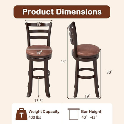 Giantex Swivel Bar Stools Set of 2, 30" Upholstered Counter Height Bar Chairs w/High Backrest, Faux Leather Seat, Solid Rubber Frame & Wrap-Around Footrest, Wooden Barstools for Kitchen Island, Pub