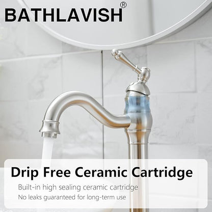 Brushed Nickel Vessel Sink Faucet 360° Swivel for Bathroom Single Hole Farmhouse Tall Commercial Vanity Matching Pop Up Drain Without Overflow