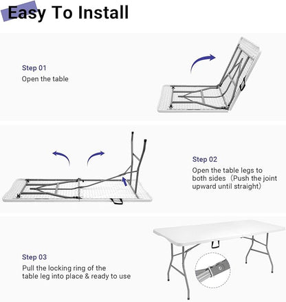 Byliable Folding Table 6ft, Heavy Duty Portable Plastic Fold-in-Half Utility Table with Carrying Handle for Indoor Outdoor, Camping Picnic Party, White