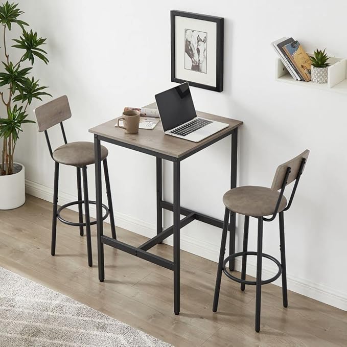 Bar Table Set for 2 with 2 PU Upholstered Stools, Pub Bistro Dinning Table and Stools with Backrest, Counter Height Bar Table Set for Apartment, Kitchen, Small Space