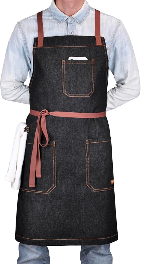 Cooking Apron with Pockets Mens Womens Professional Kitchen Bib Apron for Chef Grill BBQ (Black Denim with Cross Back Straps)