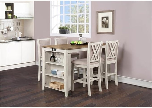 Pemberly Row 5-Piece Dining Set, Wood & Fabric, Table 60" W x 28" D x 36" H, Chairs 40.5" H, Beige/Brown Finish, Polyester Seats, Modern Style, Perfect for Kitchen or Dining Room