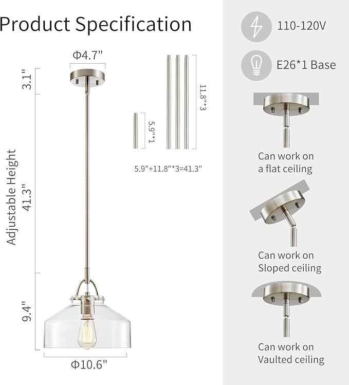 WUZUPS Chandelier Rustic Farmhouse Industrial Round Ceiling Pendant LED Light Fixture with Clear Glass Shades for Dining Room Kitchen Island Foyer Entryway, H 9.4" x W 10.6", E26 Base, Brushed Nickel