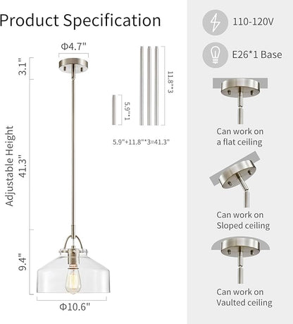 WUZUPS Chandelier Rustic Farmhouse Industrial Round Ceiling Pendant LED Light Fixture with Clear Glass Shades for Dining Room Kitchen Island Foyer Entryway, H 9.4" x W 10.6", E26 Base, Brushed Nickel
