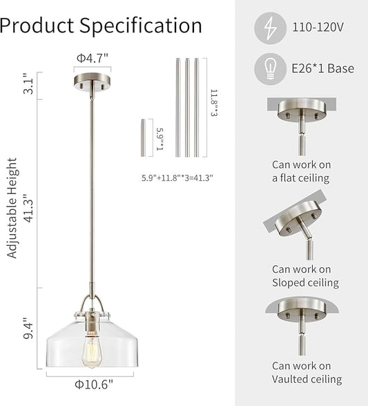 WUZUPS Chandelier Rustic Farmhouse Industrial Round Ceiling Pendant LED Light Fixture with Clear Glass Shades for Dining Room Kitchen Island Foyer Entryway, H 9.4" x W 10.6", E26 Base, Brushed Nickel