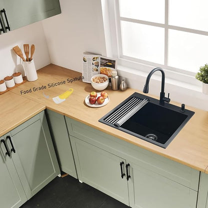 25x22 Drop In Kitchen Sink, Matte Black Granite Composite Quartz Drop In Sink Single Bowl Outdoor Kitchen Sink 25-inch Utility Drop-In/Topmount with Small Rubber Squeegee