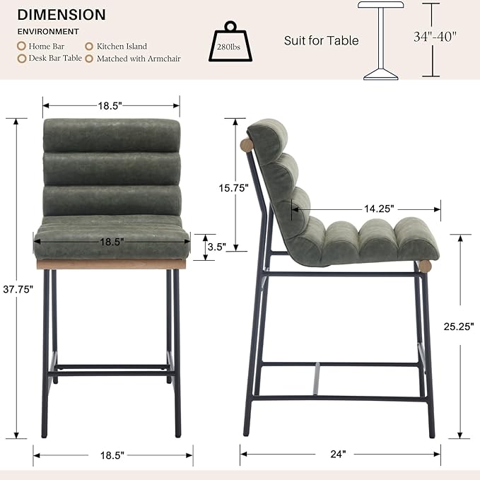 Green Pu Leather Bar stools Set of 6, 25” Modern Upholstered Counter stools with Black Metal Legs, Armless Counter Height Chairs with Channel Tufted Back for Kitchen Island Home Pub
