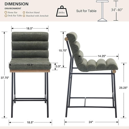 Green Pu Leather Bar stools Set of 6, 25” Modern Upholstered Counter stools with Black Metal Legs, Armless Counter Height Chairs with Channel Tufted Back for Kitchen Island Home Pub