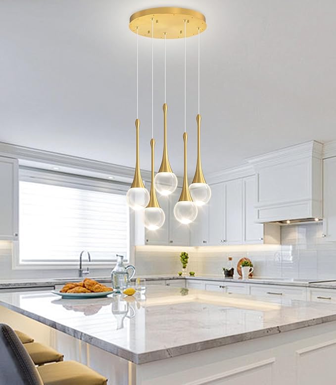 Crystal Chandelier for Dining Room Glam 5 Light Cluster Crystal Pendant Light Dimmable LED Chandeliers for Kitchen Island Living Room Gold