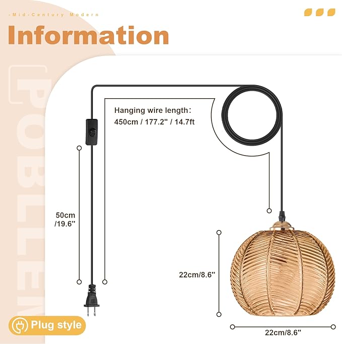 Vintage Corner Hanging Lamps for Living Room, Amber Ribbed Glass Hanging Chandelier with Plug in Cord, Bohemian Swag Pendant Light for Nursery Bedroom Kitchen Dining Sitting Area