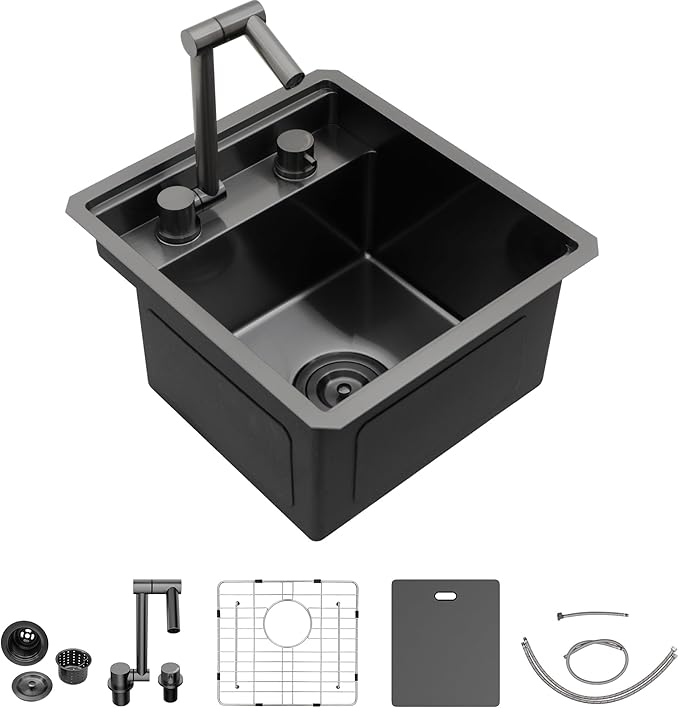 15 Inch Undermount RV Kitchen Sink Workstation - Fulorni 15"x17" Outdoor RV Mobile Camper Wet Bar Prep Sink Gunmetal Black NANO-PVD 16 Gauge 304 Stainless Steel Single Bowl Basin with Foldable Faucet