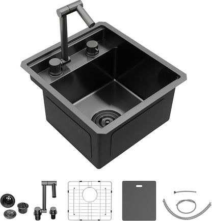 15 Inch Undermount RV Kitchen Sink Workstation - Fulorni 15"x17" Outdoor RV Mobile Camper Wet Bar Prep Sink Gunmetal Black NANO-PVD 16 Gauge 304 Stainless Steel Single Bowl Basin with Foldable Faucet