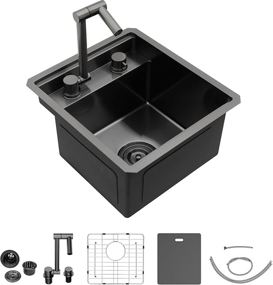 13"x15" Undermount RV Kitchen Sink Workstation – 16 Gauge 304 Stainless Steel Gunmetal Black NANO-PVD Single Bowl Basin with Foldable Faucet, for RV, Outdoor Camper, Mobile Home, Wet Bar