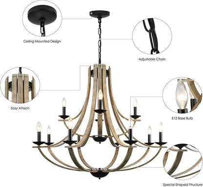 LAMPKEDUO Farmhouse Chandeliers for Dining Room Light Fixture, 2 Tier 12-Light 41" Adjustable Height Retro Faux Wood Texture Rustic Light Fixtures for Living Room Bedroom Kitchen Island Foyer Entryway